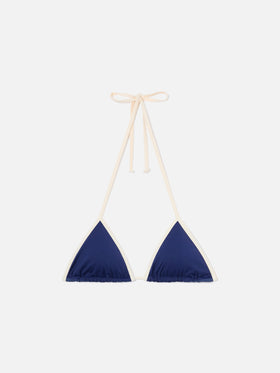 Leah String-Triangel-Bikinioberteil in Blau mit weißen Abschlüssen 