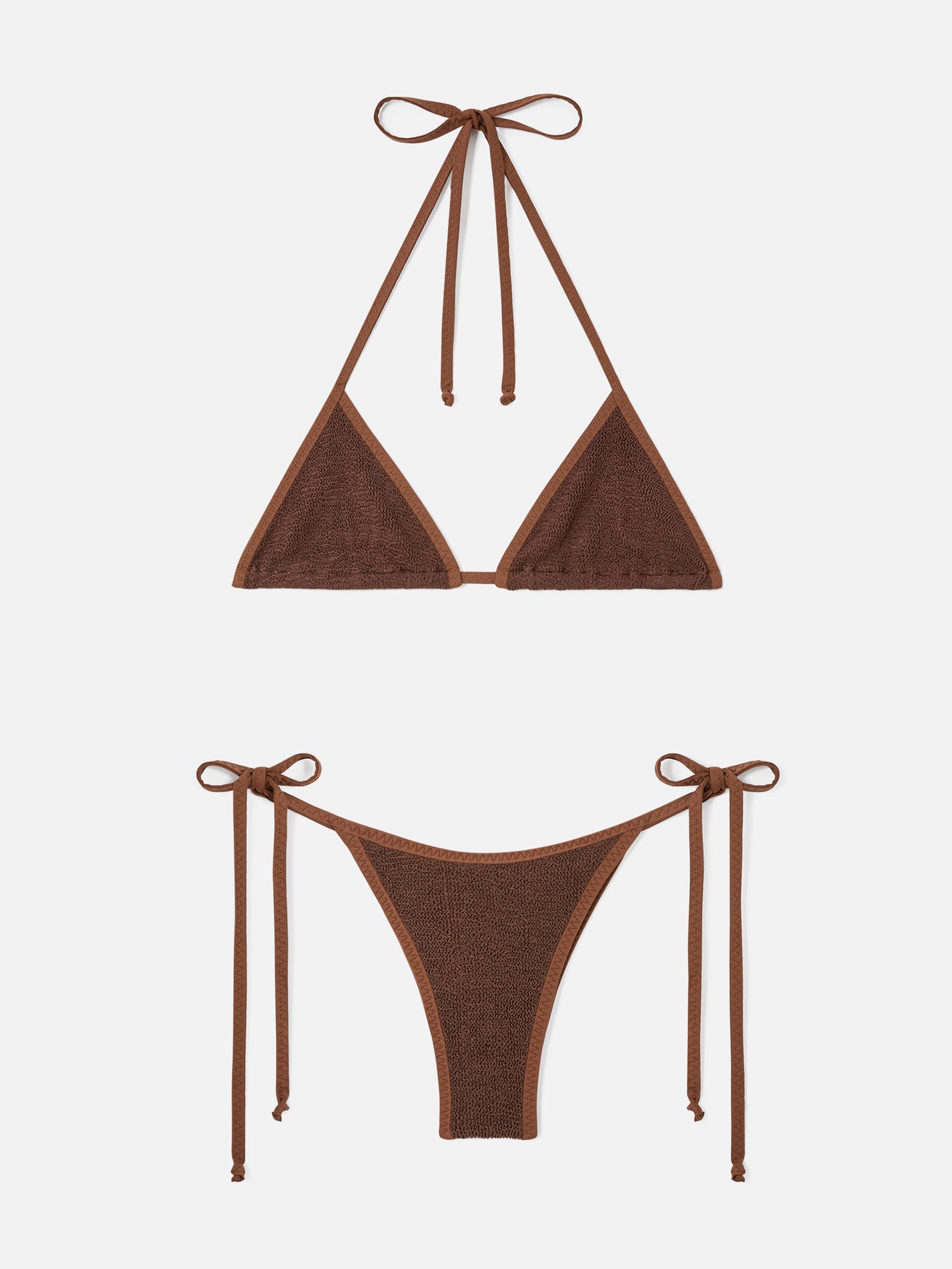 Leah Norah brown crinkle triangle bikini with piping