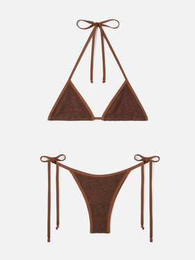 Leah Norah brown crinkle triangle bikini with piping