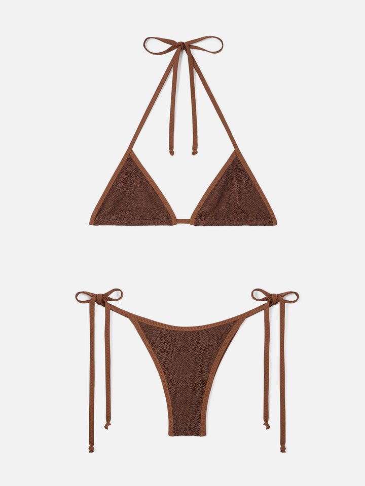 Leah Norah braunes Triangle-Bikini aus Crinkle mit Paspelierung 
