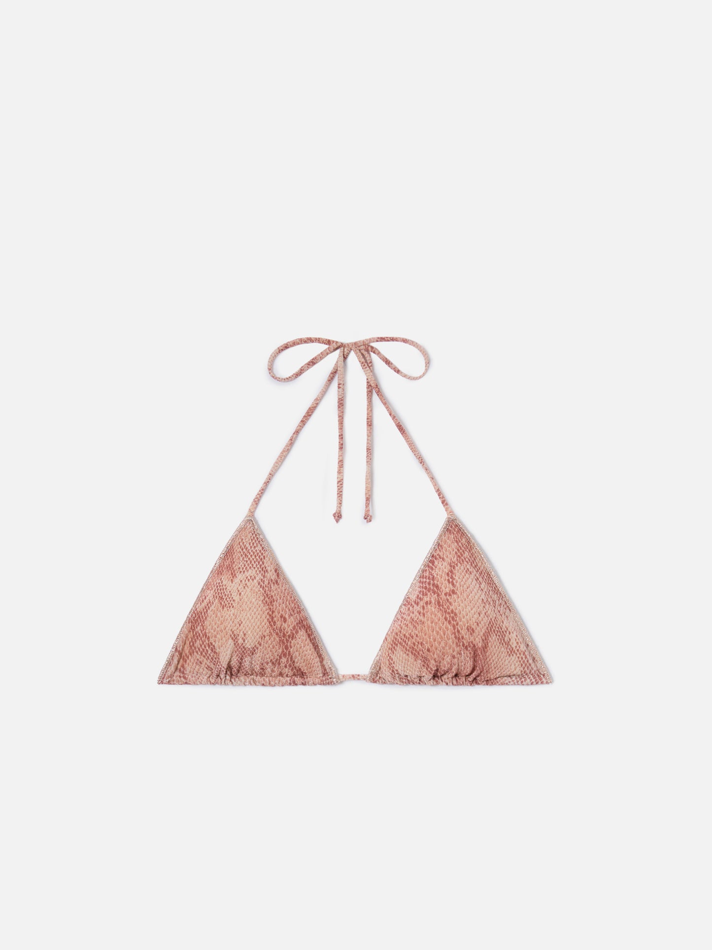 Leah Overlock triangle bikini top in lurex with python print