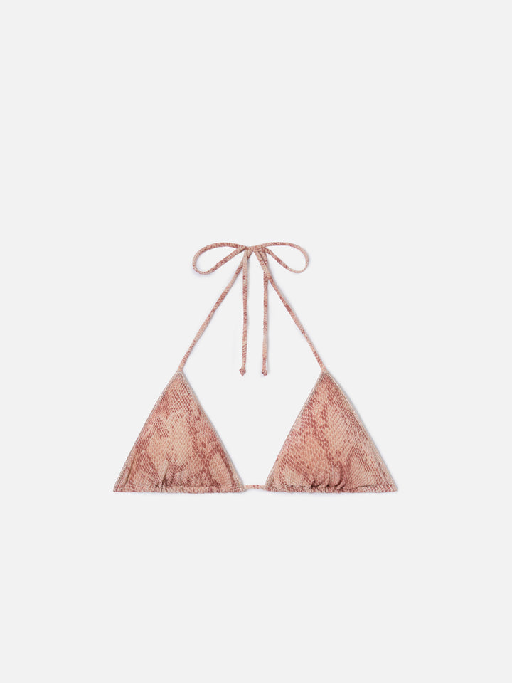 Leah Overlock triangle bikini top in lurex with python print