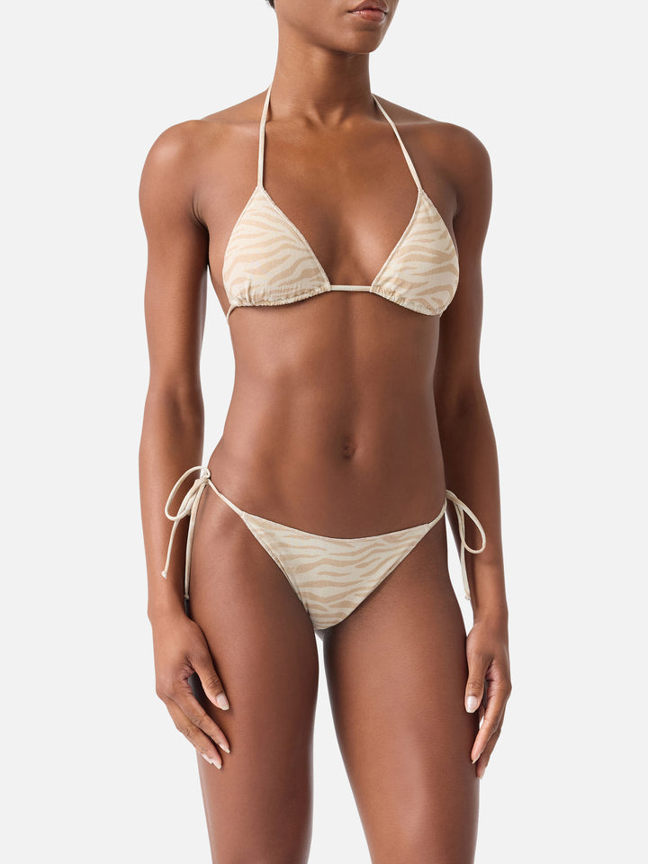 Leah Marielle Overlock Bikini aus Lurex mit Zebra-Print 