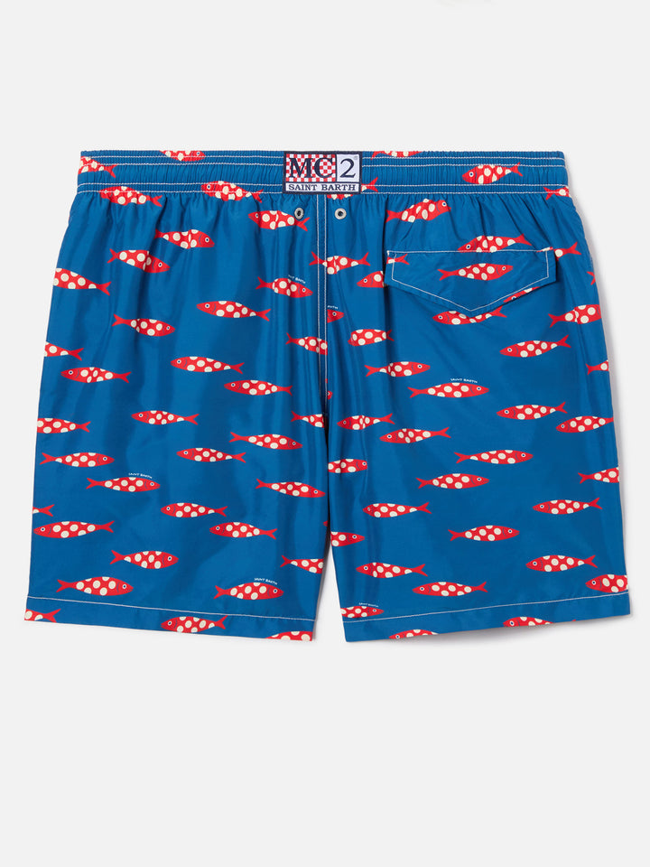 Blue Lighting swim shorts with all-over sardines print