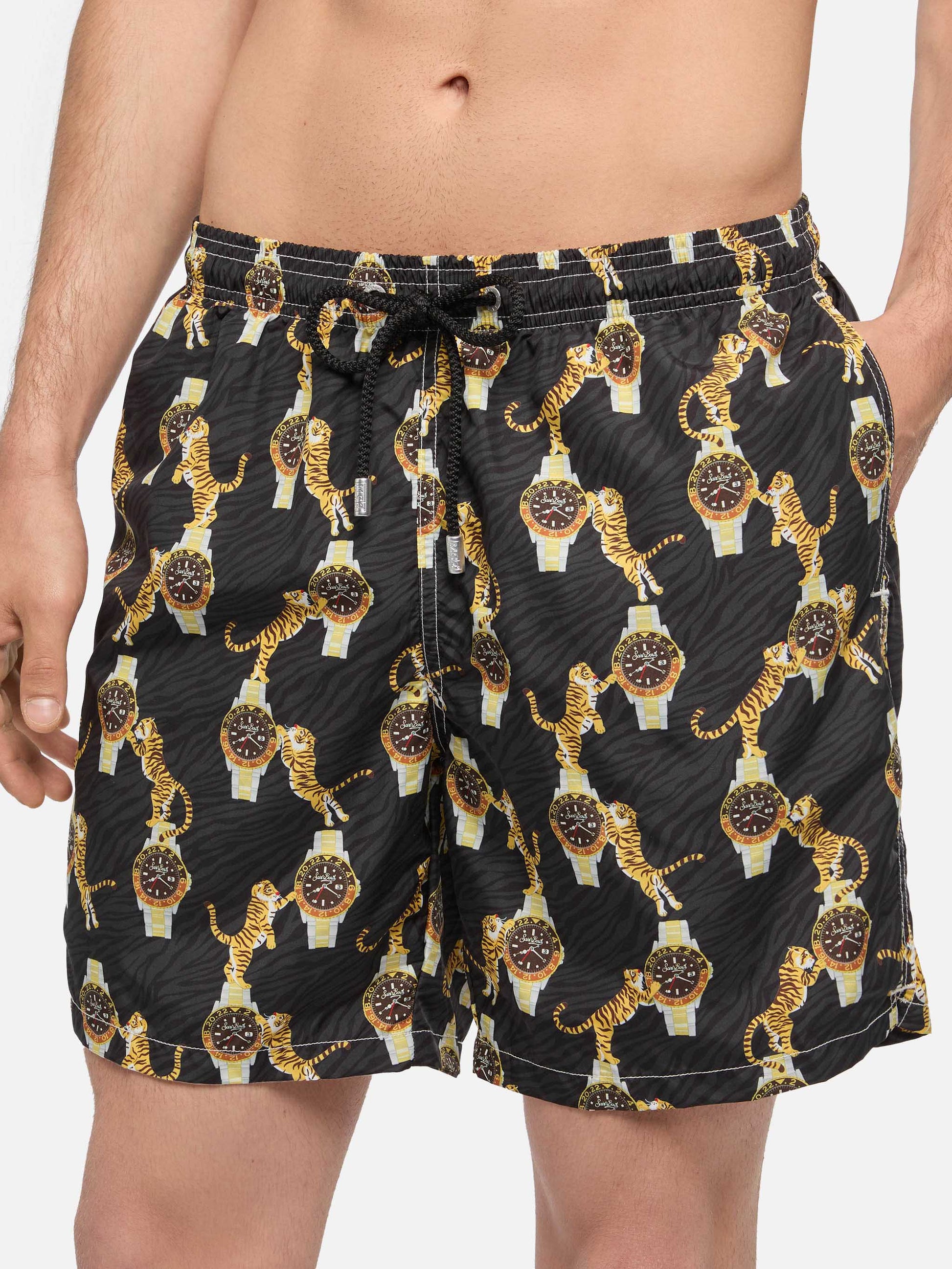 Lightweight fabric swim-shorts Lighting with watche and tiger print - MC2 Saint Barth