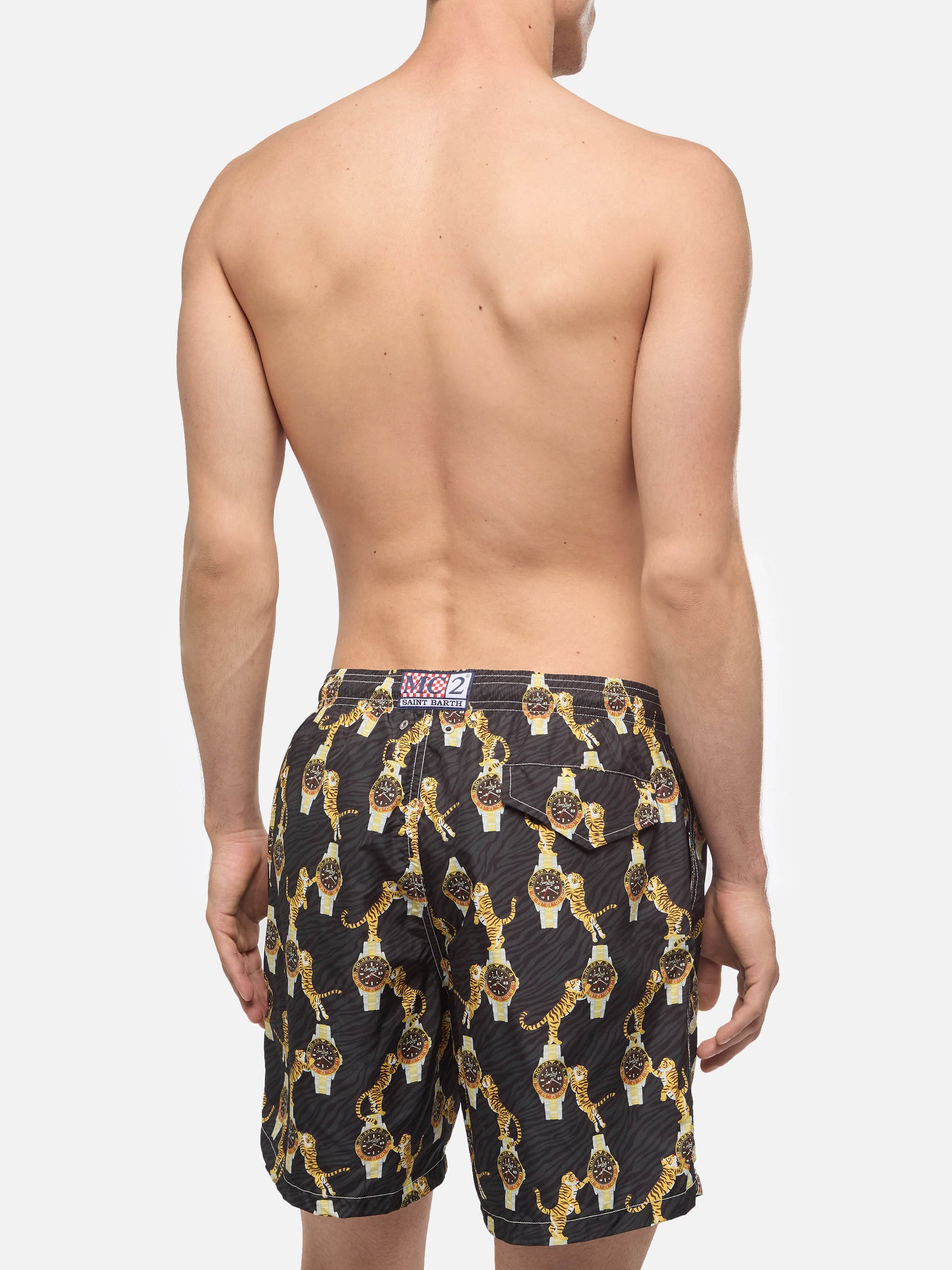 Lightweight fabric swim-shorts Lighting with watche and tiger print - MC2 Saint Barth