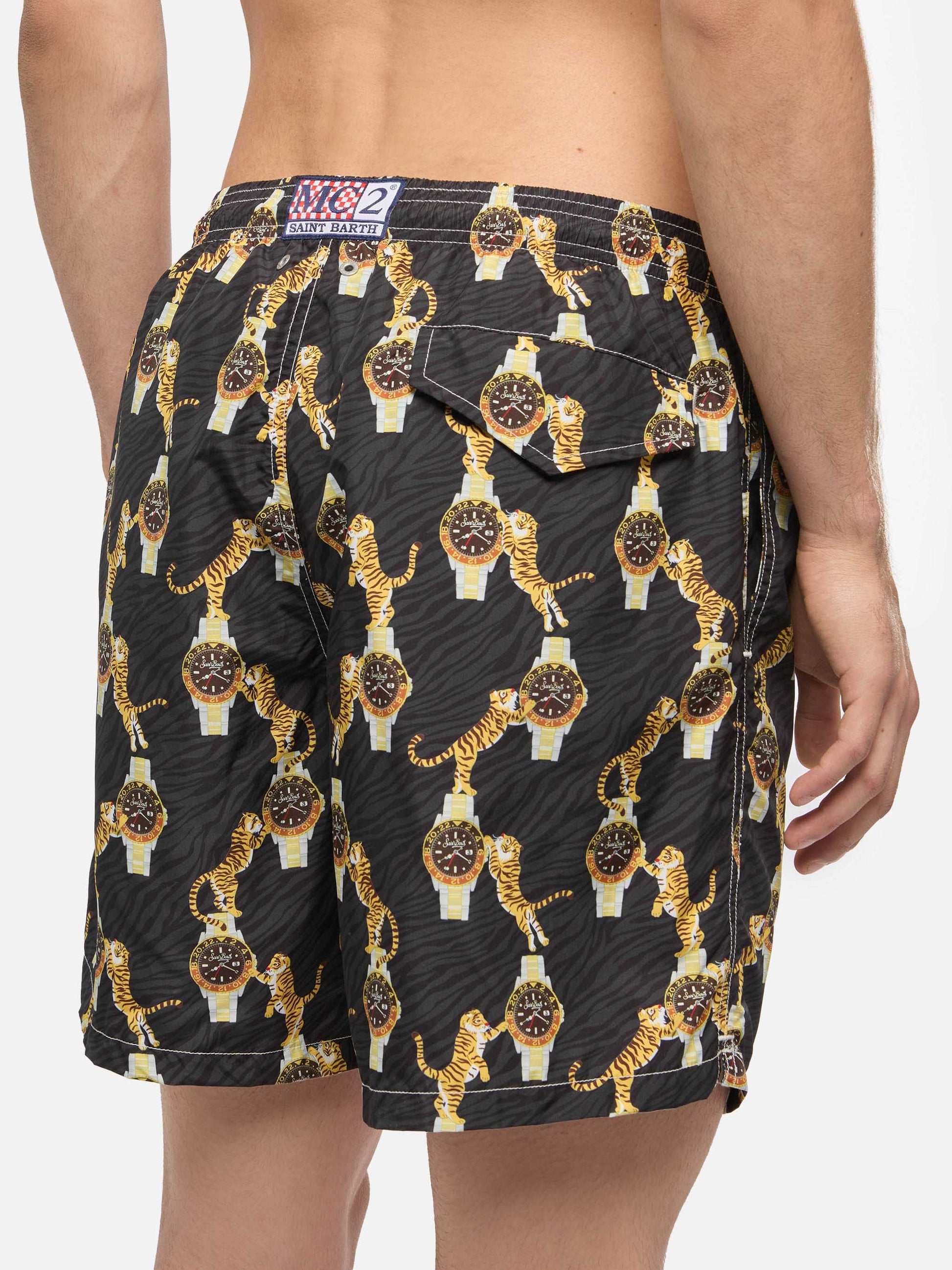 Lightweight fabric swim-shorts Lighting with watche and tiger print - MC2 Saint Barth