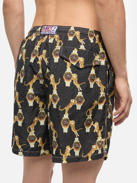 Lightweight fabric swim-shorts Lighting with watche and tiger print - MC2 Saint Barth