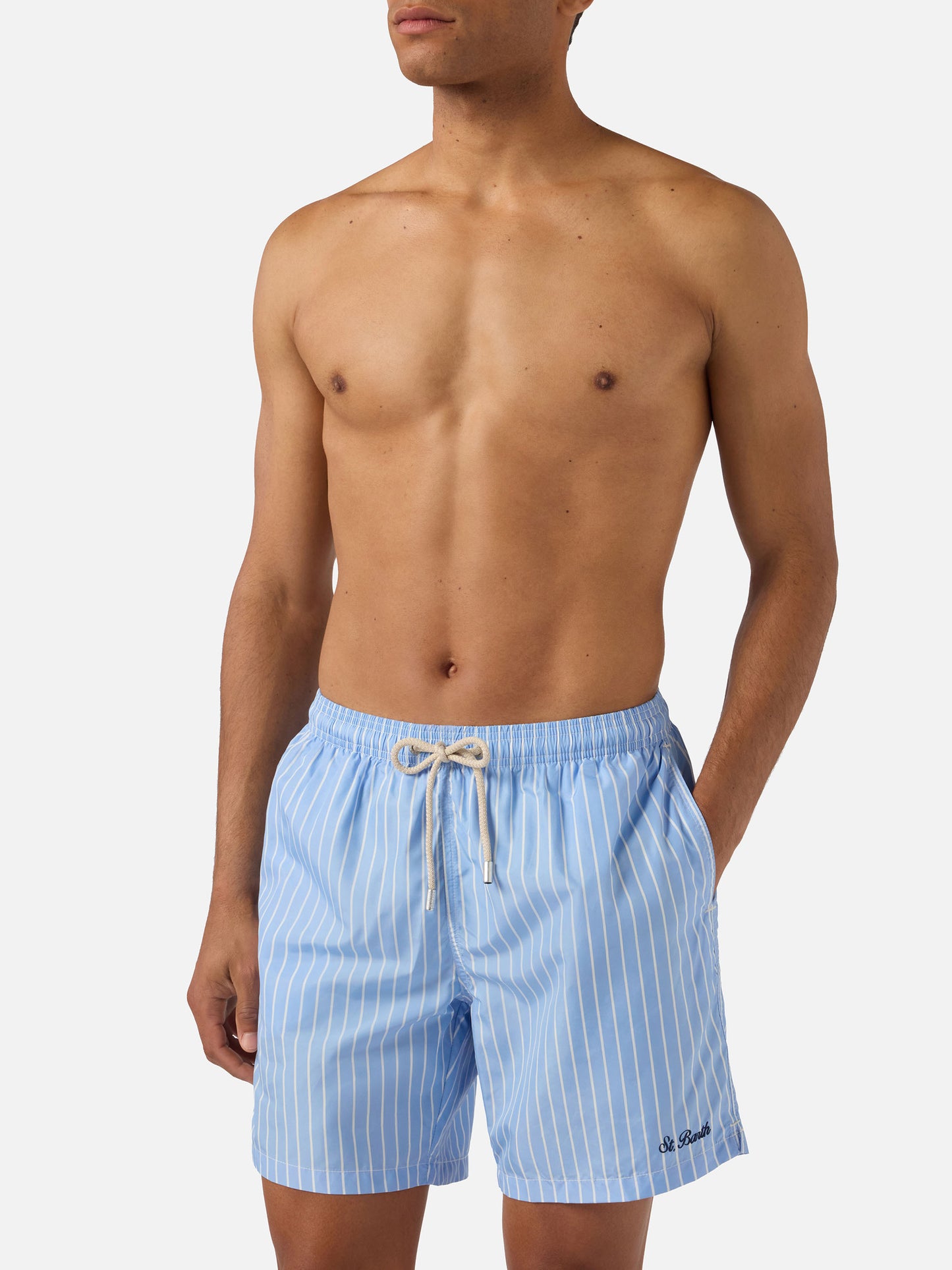 Light blue striped Lighting swim shorts with St. Barth embroidery