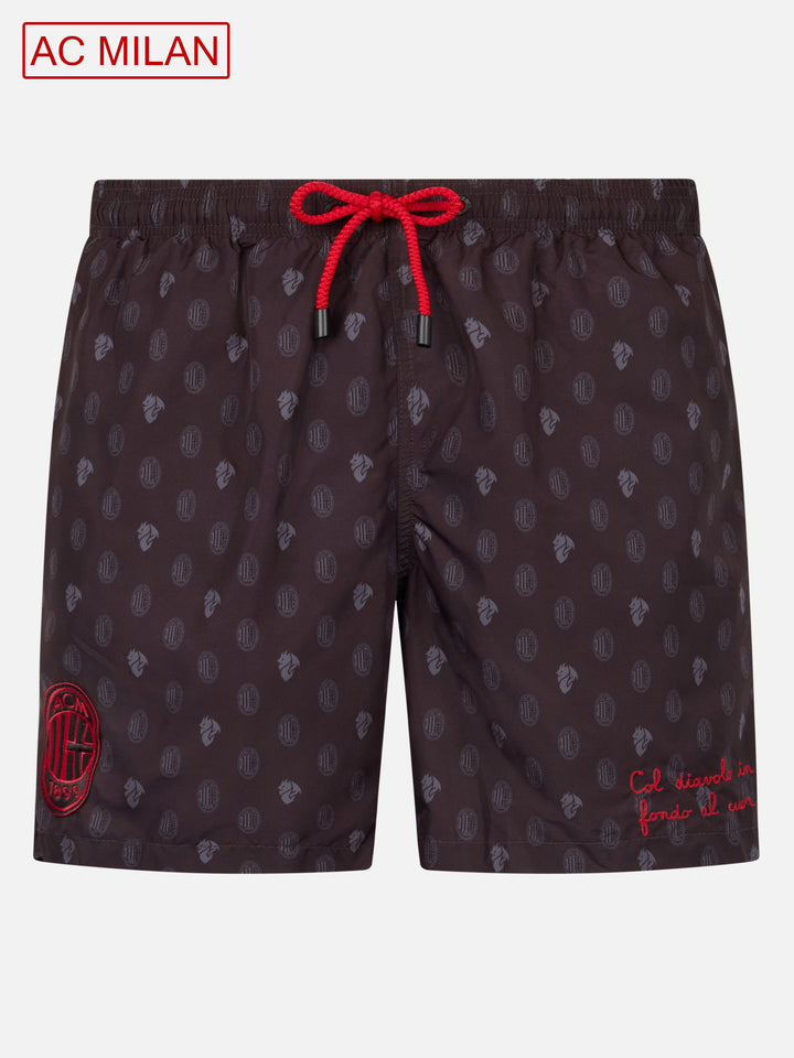 Man lightweight fabric swim shorts with Milan logo print and patch | AC MILAN SPECIAL EDITION