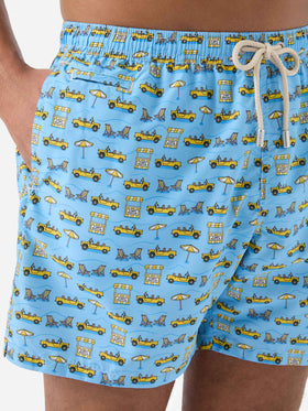 Light blue Lighting Micro swim shorts with road to Formentera all-over print