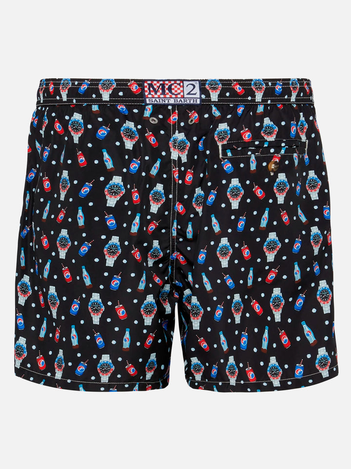 Lightweight fabric swim shorts Lighting with watch print