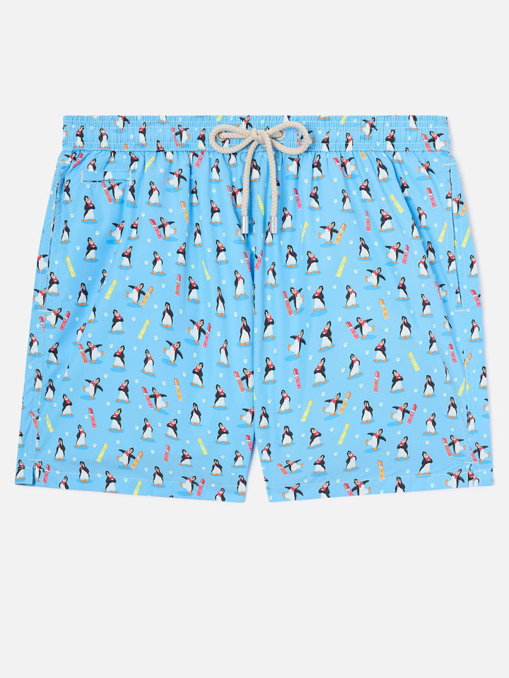 Short de bain Micro Lighting bleu clair à imprimé pingouin polaire | POLARETTI SPECIAL EDITION 
