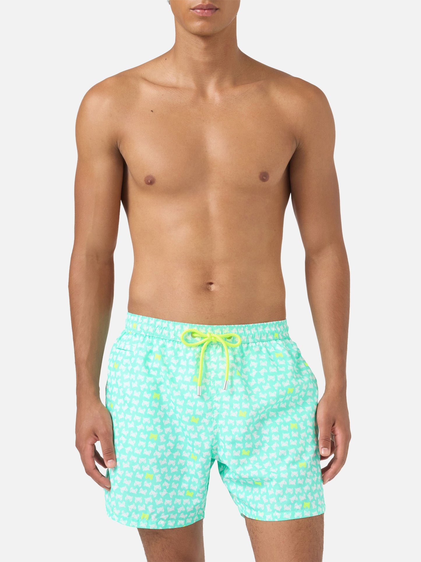 Lighting yellow crab print swim shorts