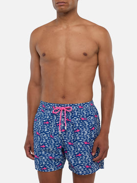 Herren-Badeshorts aus leichtem Stoff mit Fisch- und Hai-Aufdruck