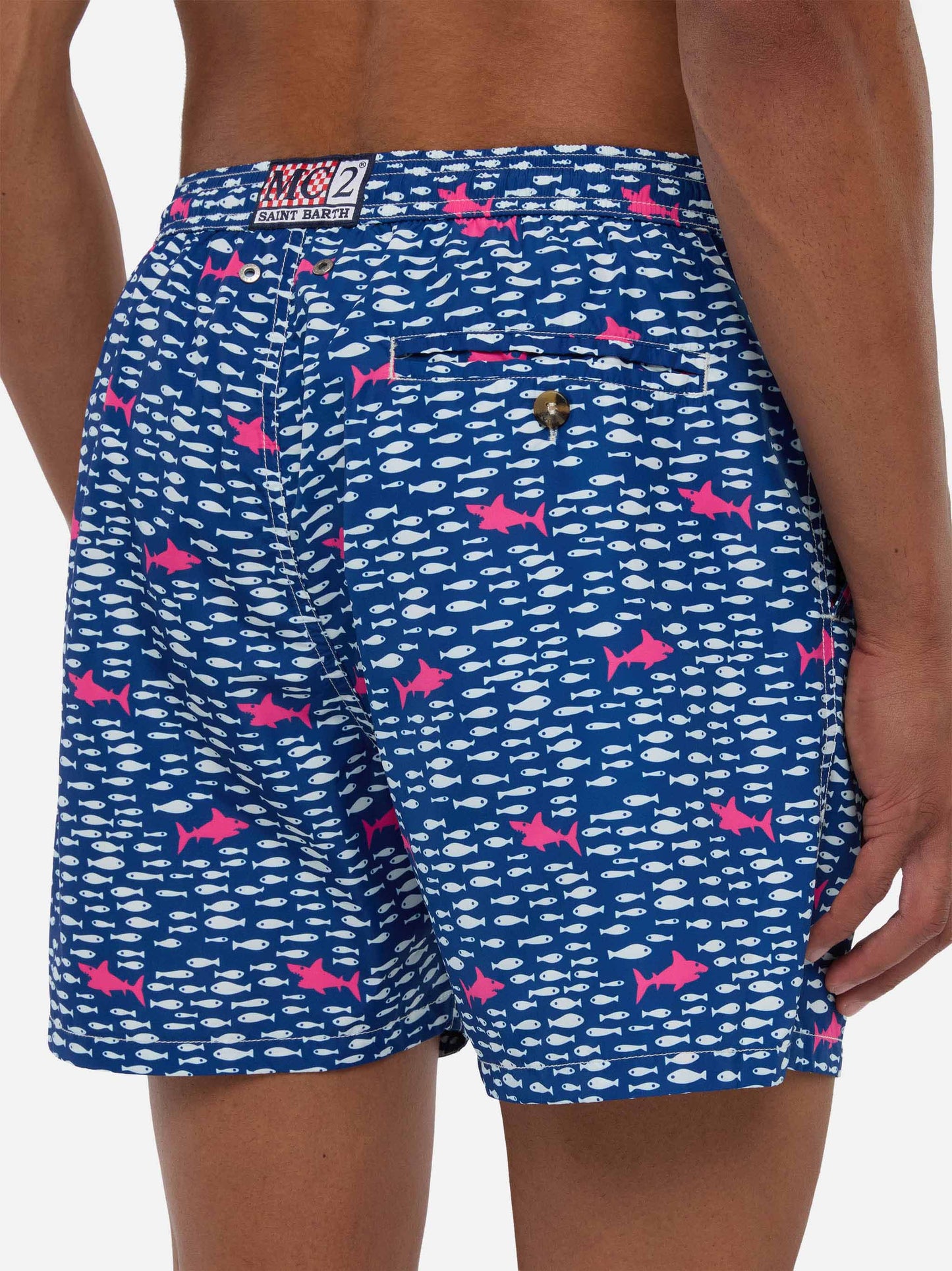Herren-Badeshorts aus leichtem Stoff mit Fisch- und Hai-Aufdruck