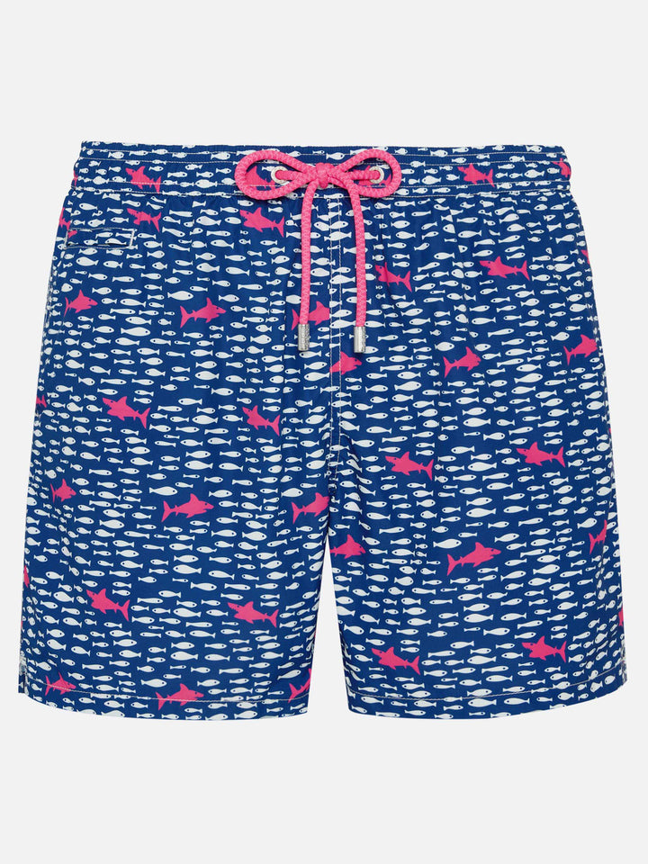 Man light fabric swim shorts with fish and sharks print