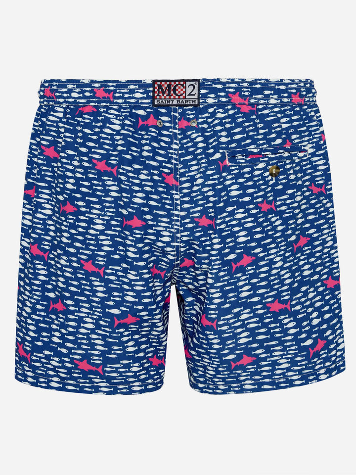 Man light fabric swim shorts with fish and sharks print