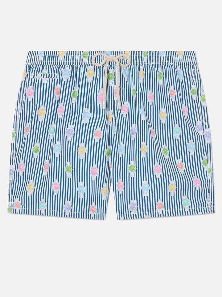 Navy striped Lighting Micro swim shorts with watch all-over print