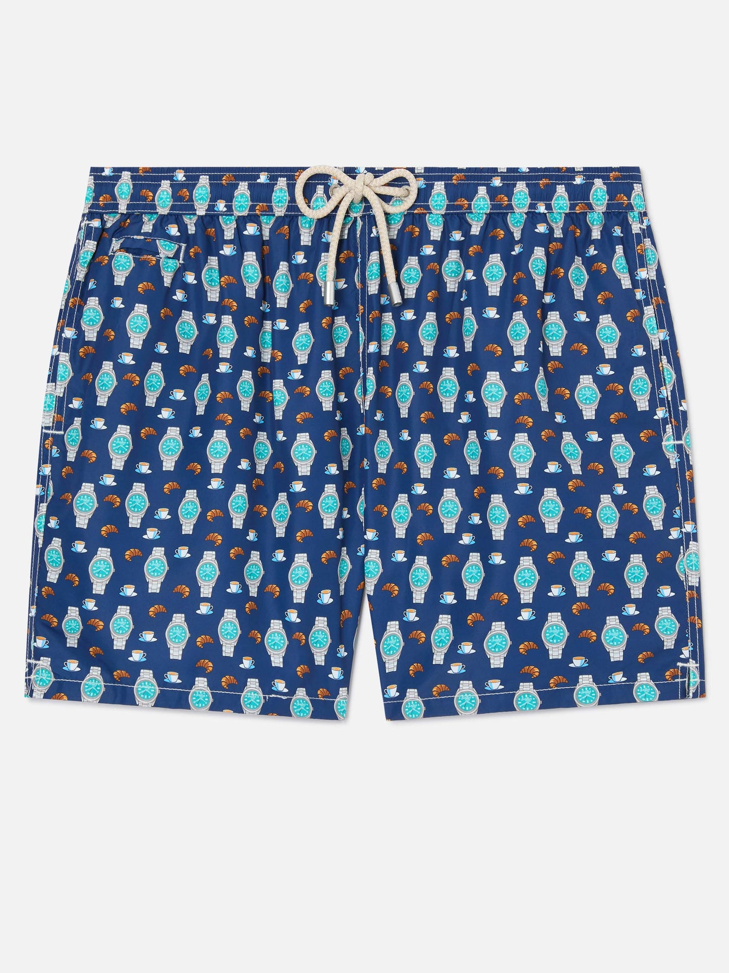 Navy Lighting Micro swim shorts with breakfast watch print