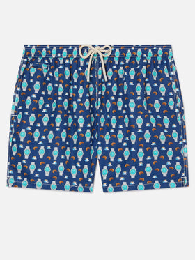 Navy Lighting Micro swim shorts with breakfast watch print