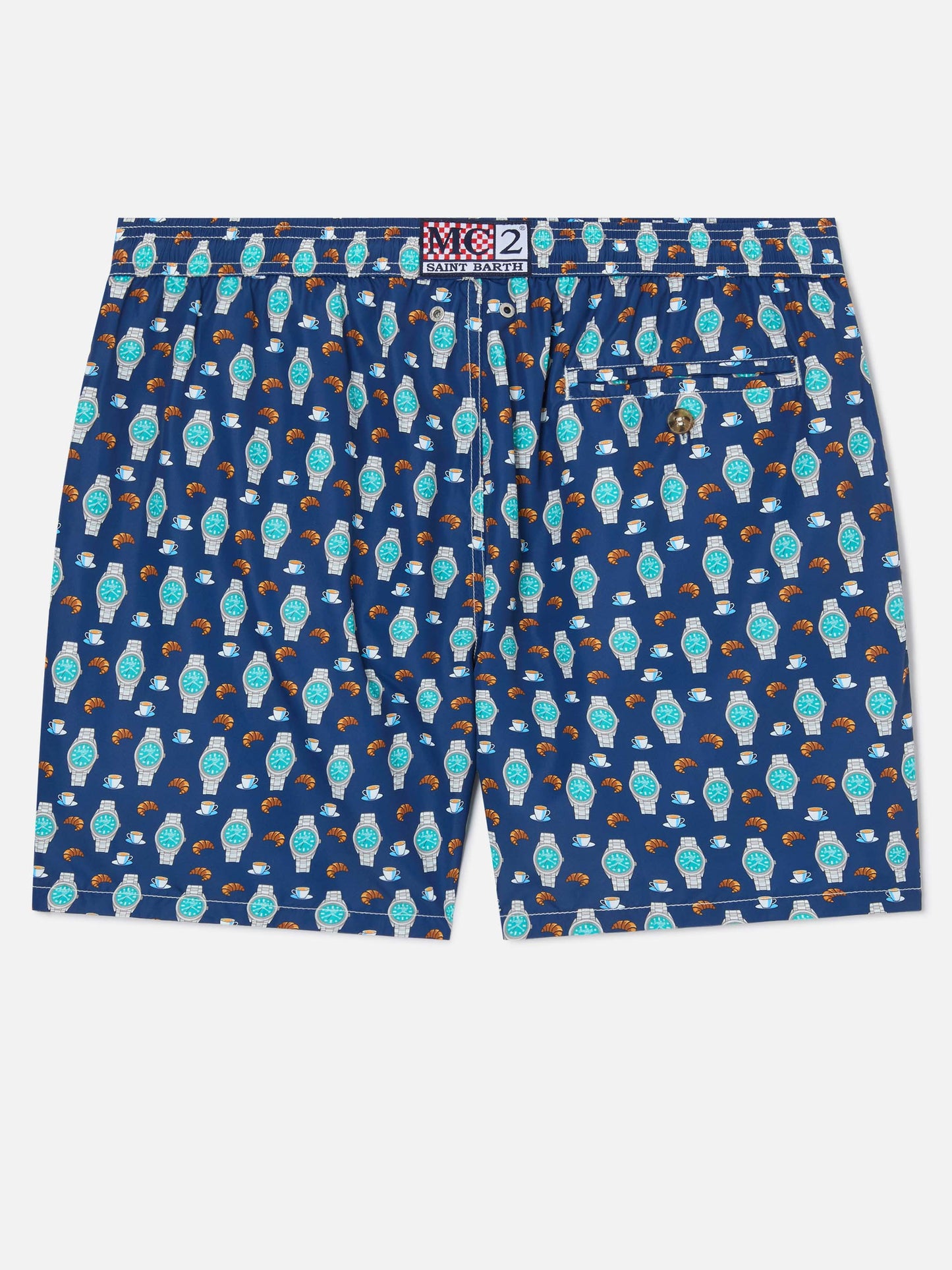 Navy Lighting Micro swim shorts with breakfast watch print