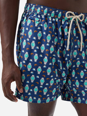 Navy Lighting Micro swim shorts with breakfast watch print