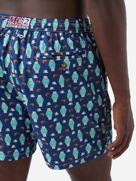 Navy Lighting Micro swim shorts with breakfast watch print