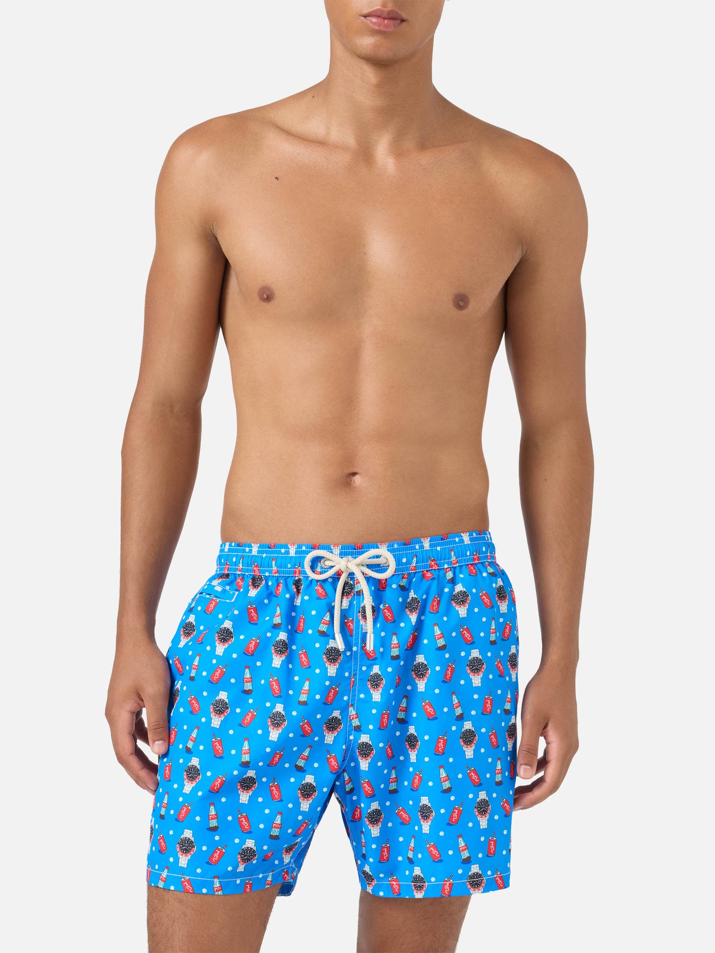 Blue Lighting Micro swim shorts with watch red cola print