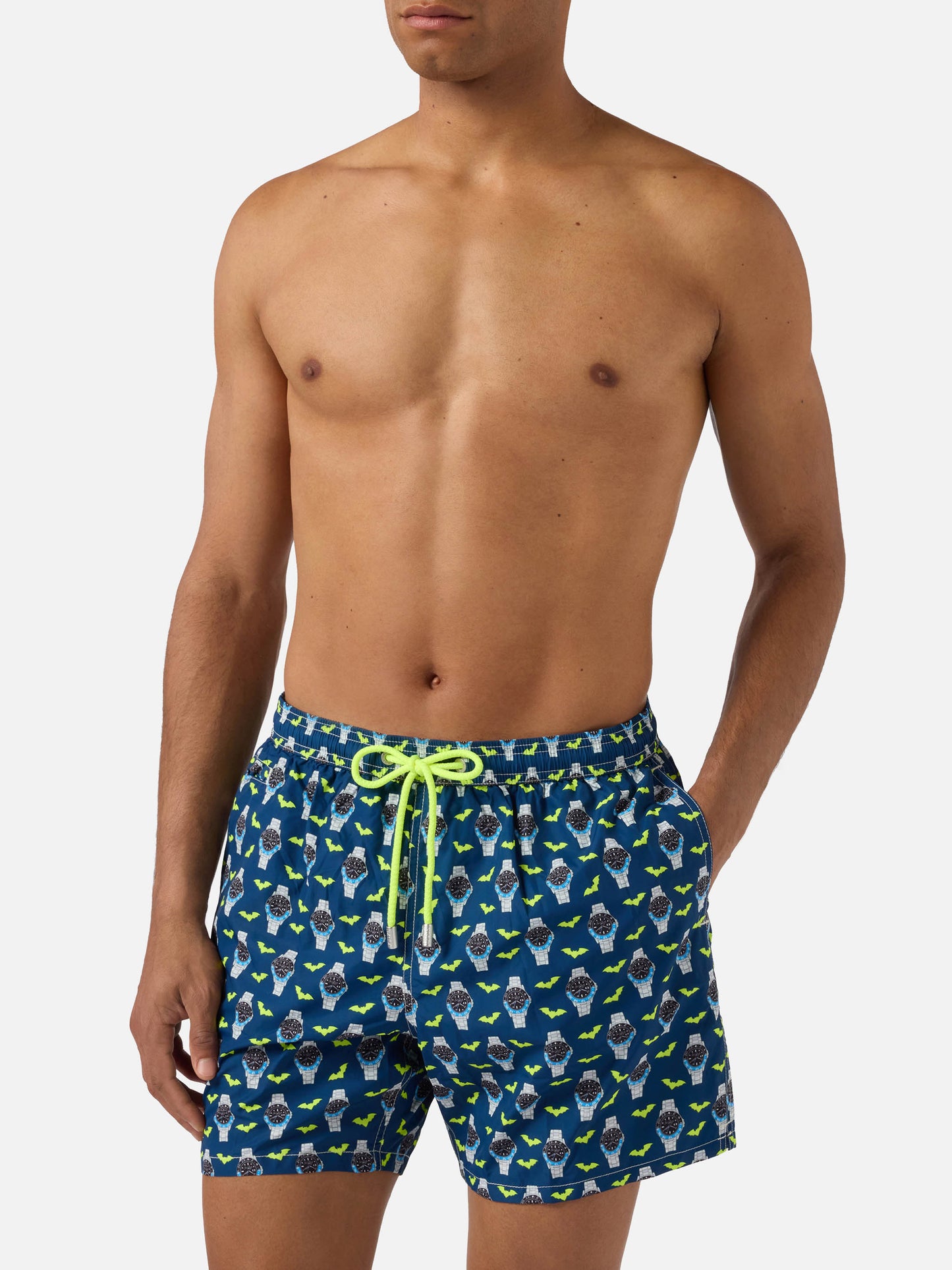 Short de bain Micro Lighting bleu marine avec imprimé watch bat o'clock 