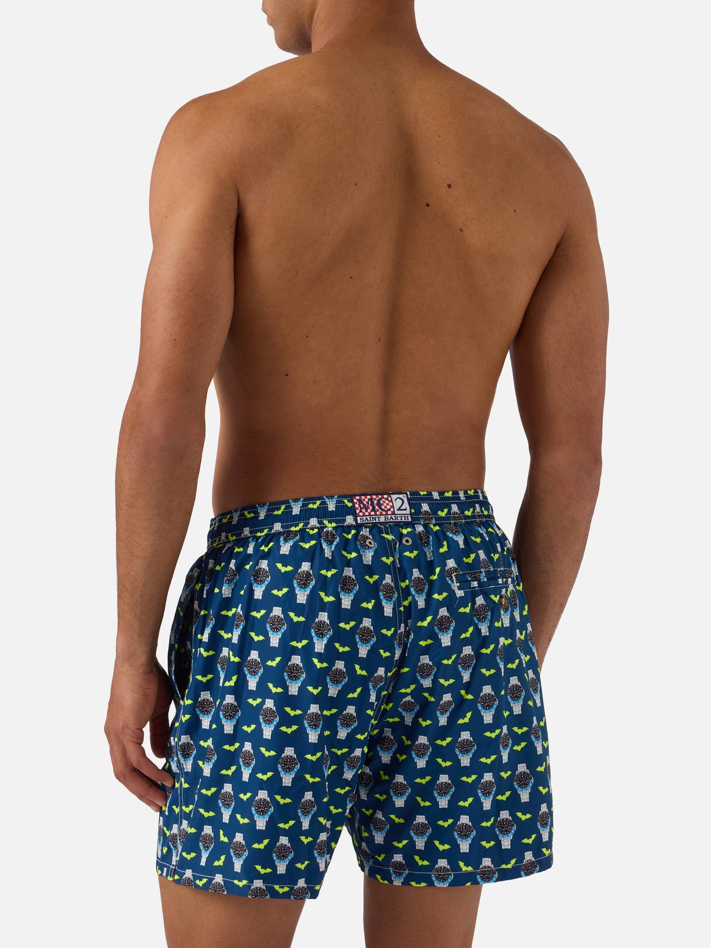 Short de bain Micro Lighting bleu marine avec imprimé watch bat o'clock 