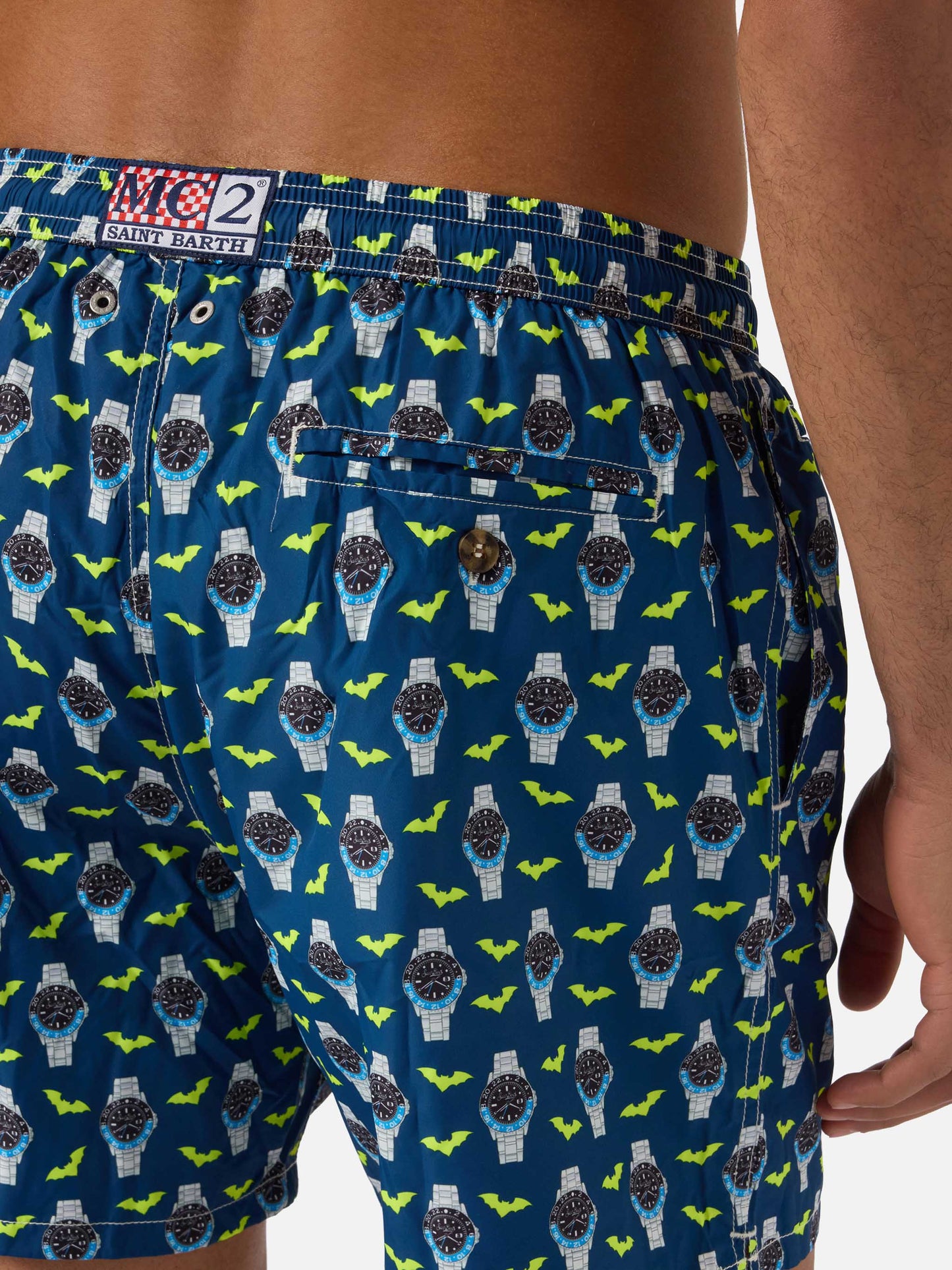 Short de bain Micro Lighting bleu marine avec imprimé watch bat o'clock 