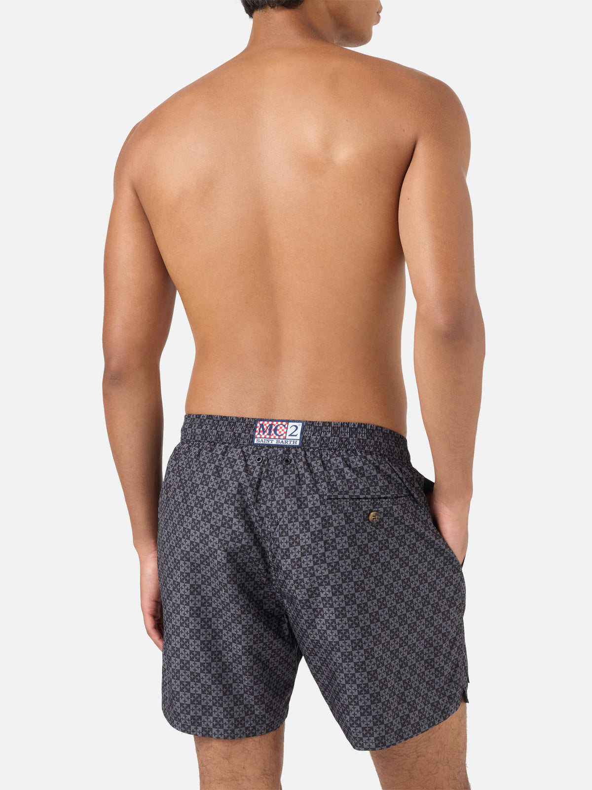 Schwarze Lighting Micro-Badeshorts mit Pisa SC Croce-Print | PS SC SPECIAL EDITION 