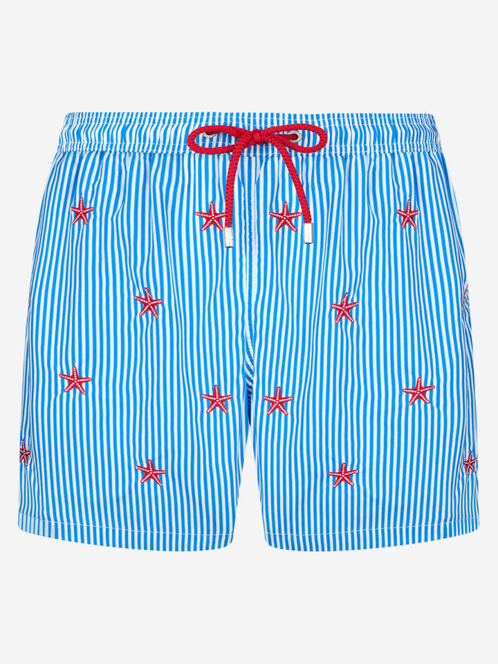 Man lightweight fabric swim-shorts Lighting with seastars embroidery