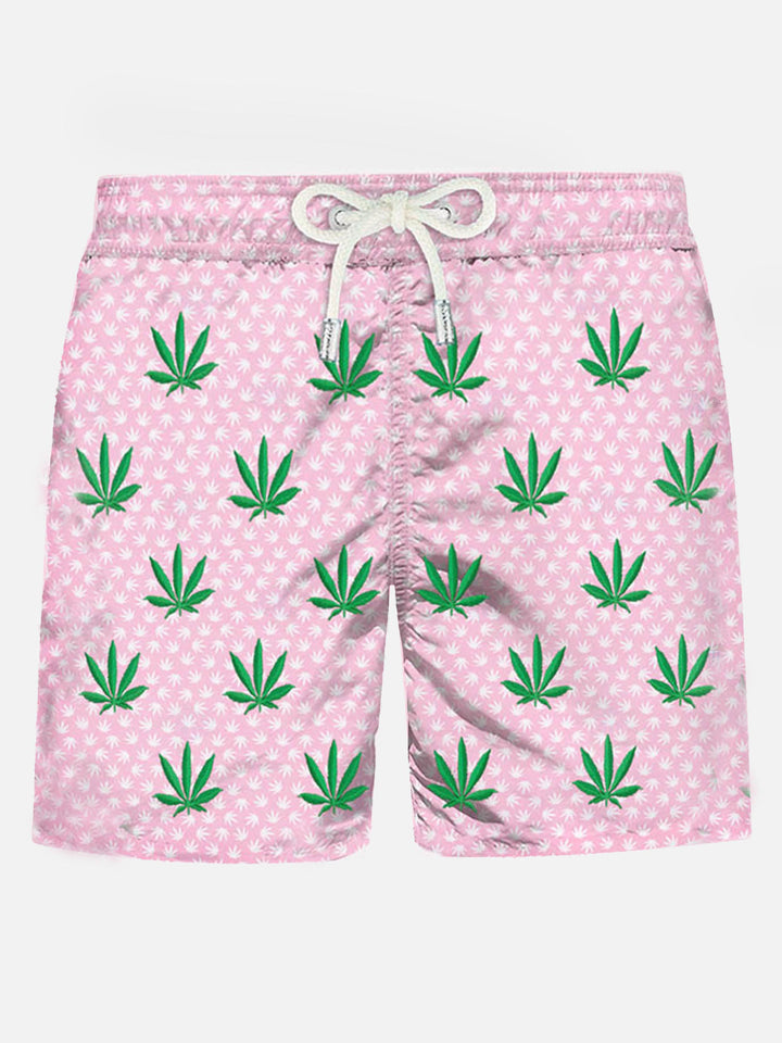 Man light fabric swim shorts with leaves embroidery