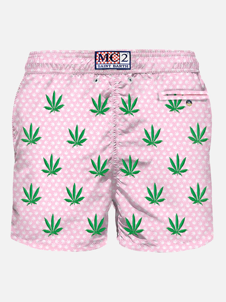 Man light fabric swim shorts with leaves embroidery