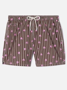 Short de bain micro Lighting à rayures marron avec imprimé pieuvres all-over 