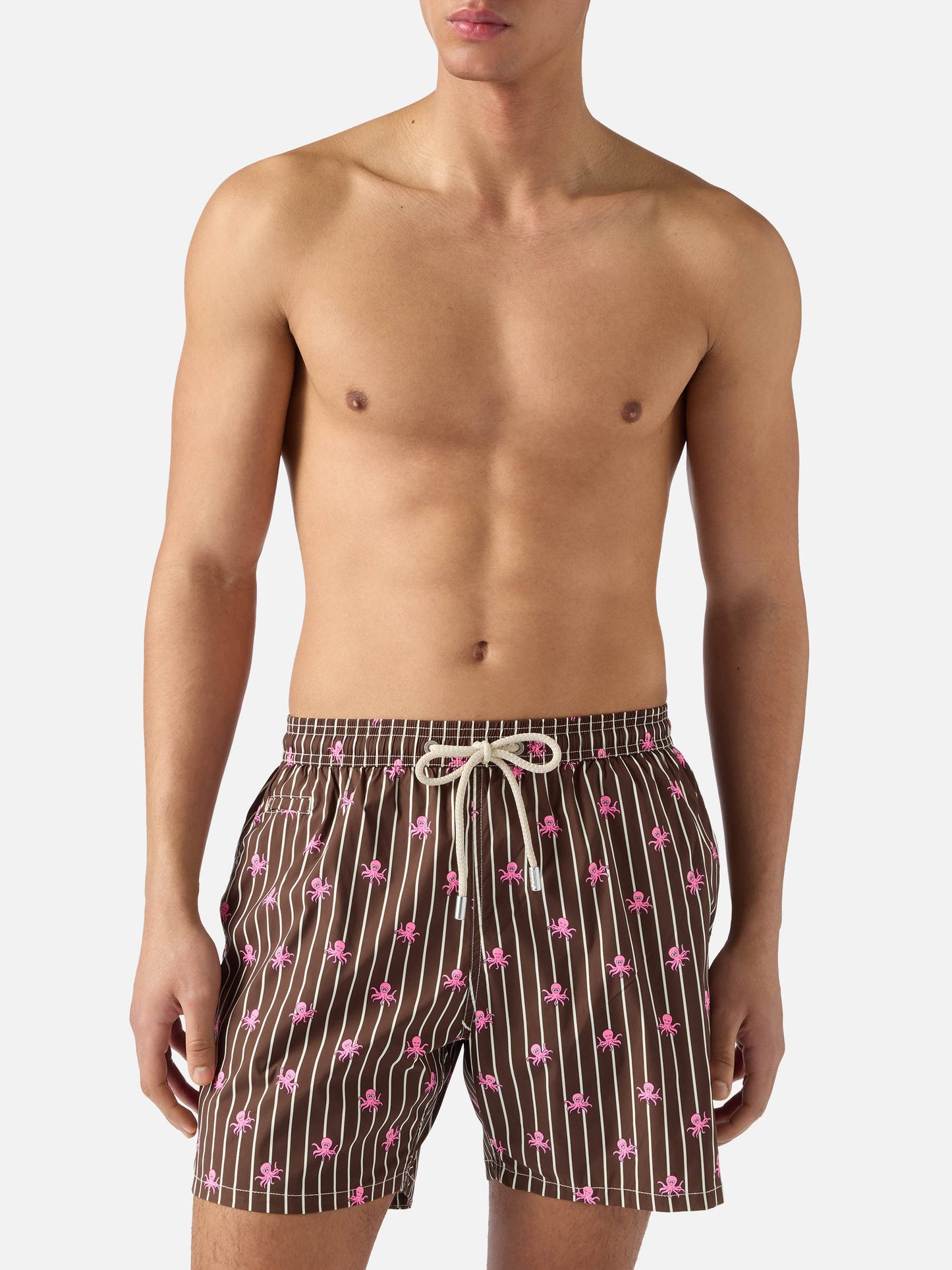 Short de bain micro Lighting à rayures marron avec imprimé pieuvres all-over 