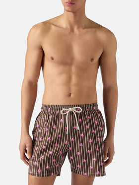 Short de bain micro Lighting à rayures marron avec imprimé pieuvres all-over 