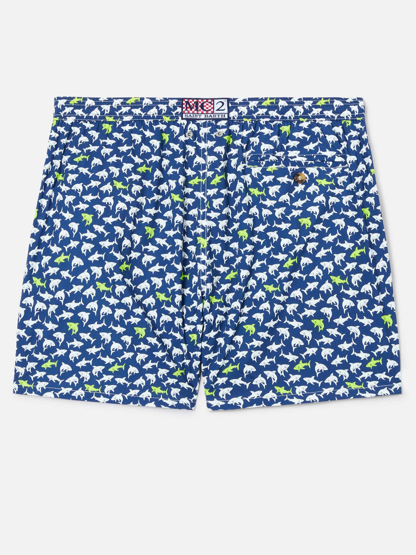 Navy blue Lighting Micro swim shorts with all-over shark print