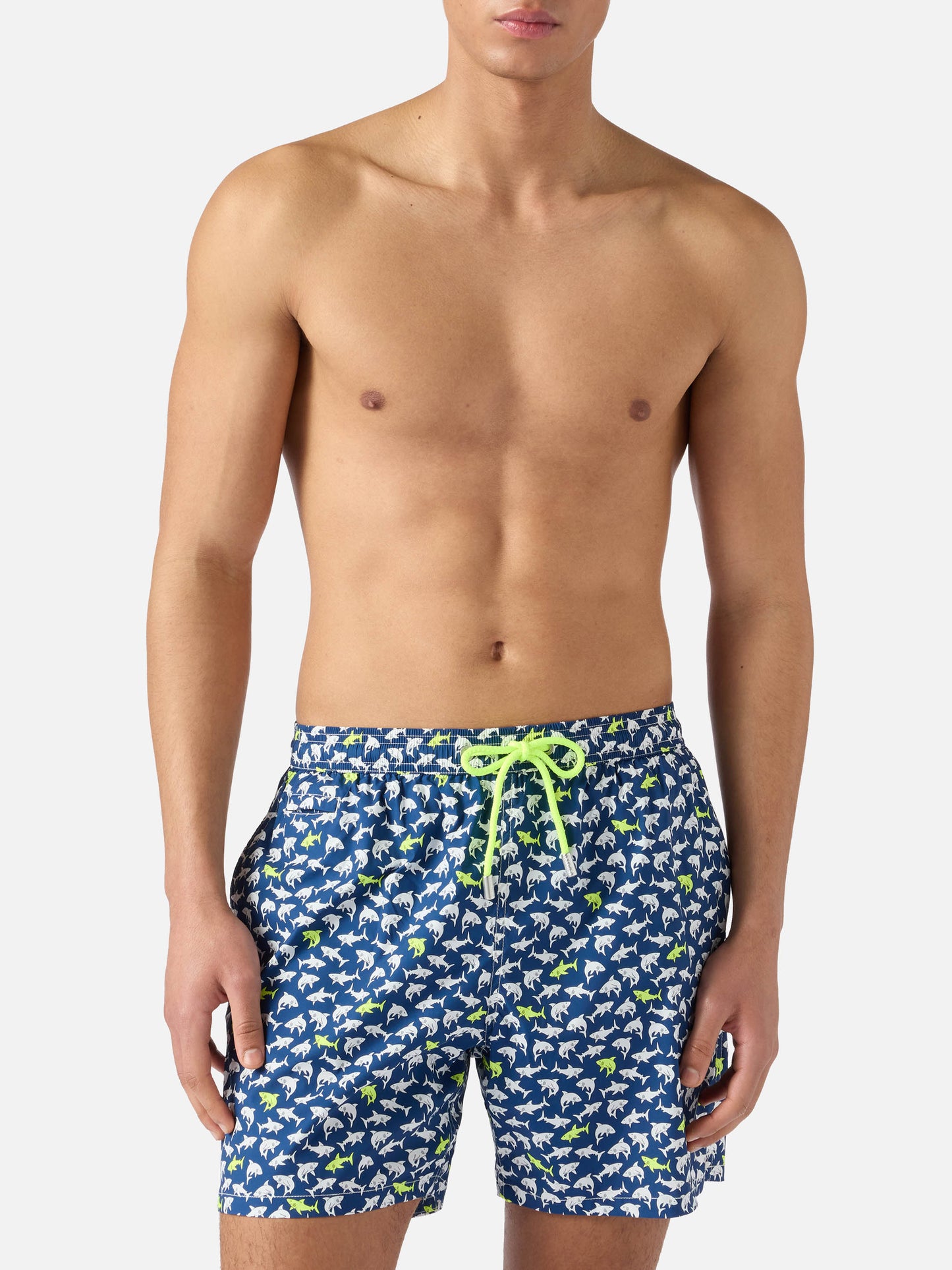 Navy blue Lighting Micro swim shorts with all-over shark print