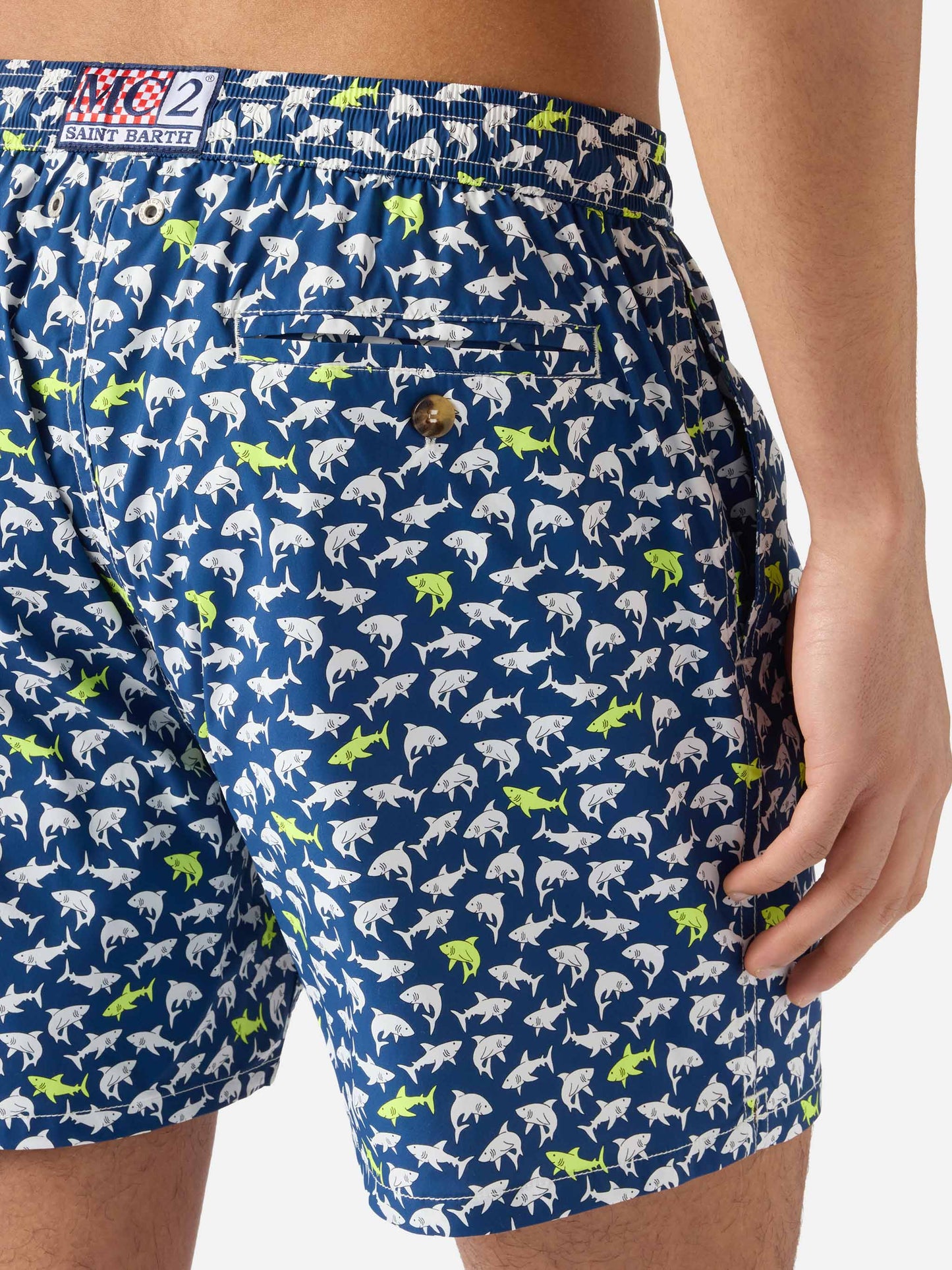 Navy blue Lighting Micro swim shorts with all-over shark print