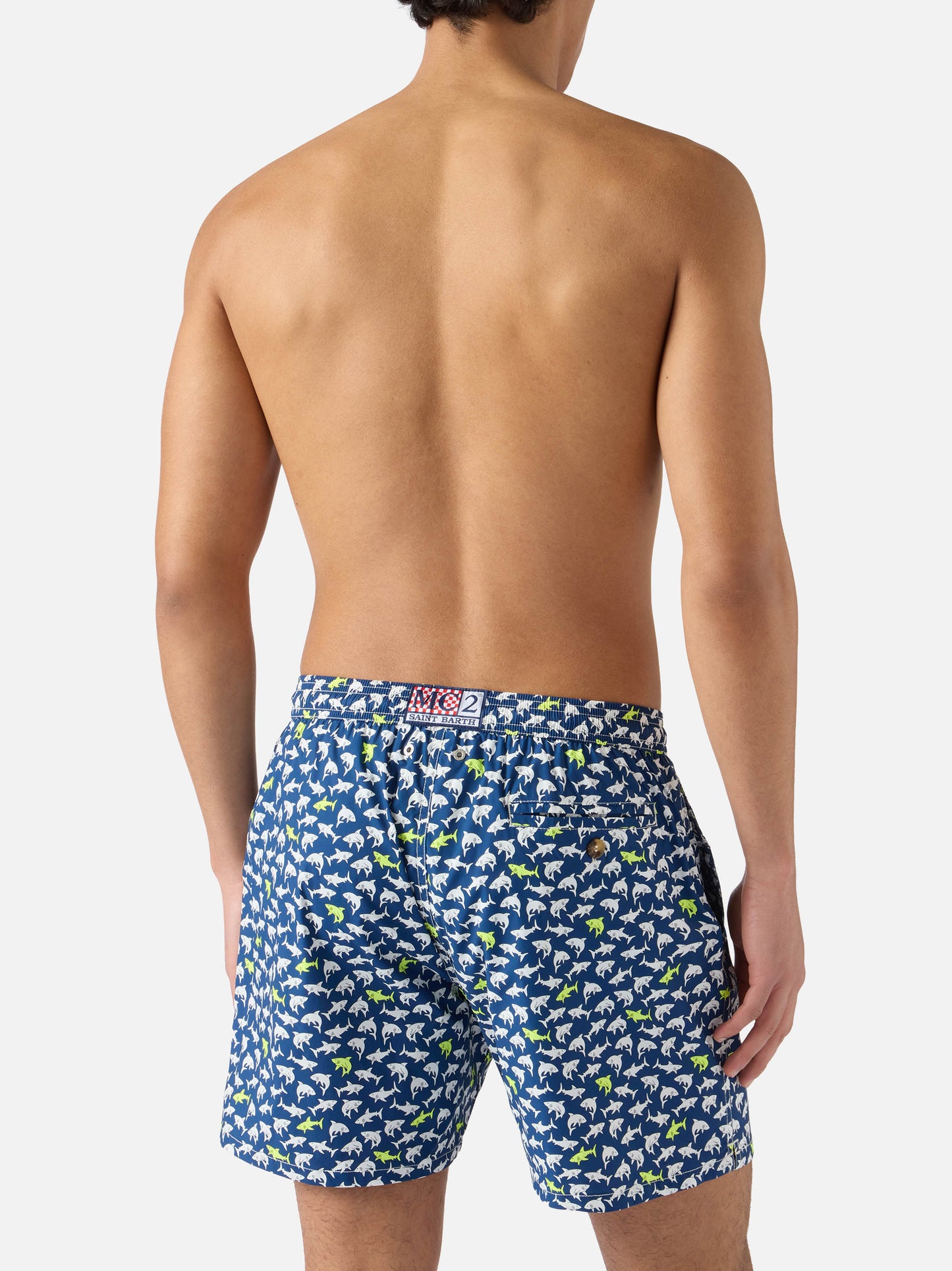 Navy blue Lighting Micro swim shorts with all-over shark print