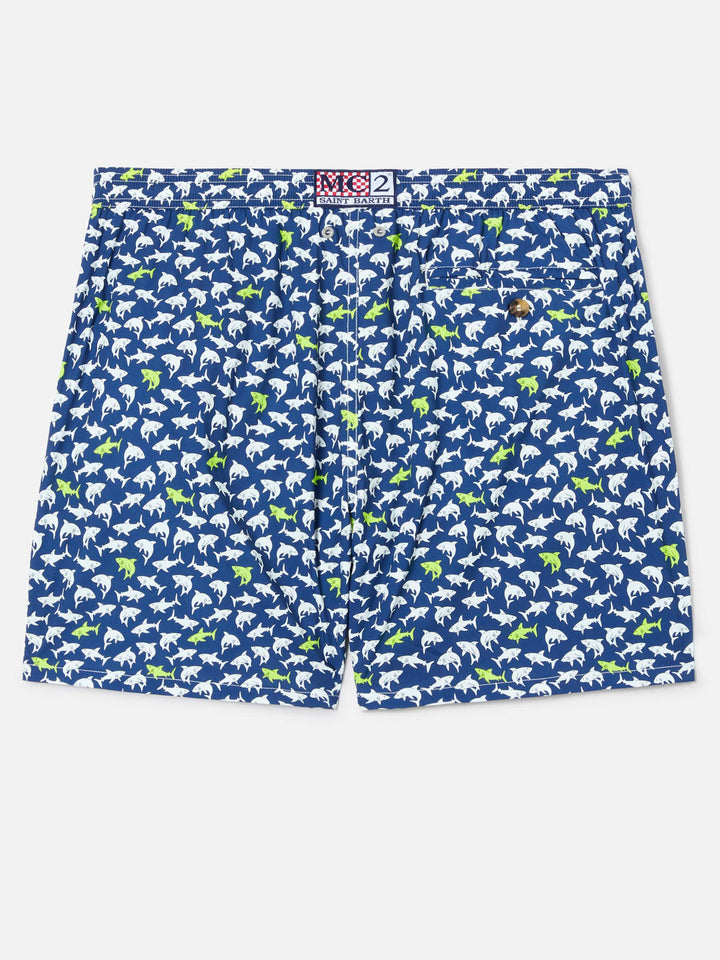 Navy blue Lighting Micro swim shorts with all-over shark print