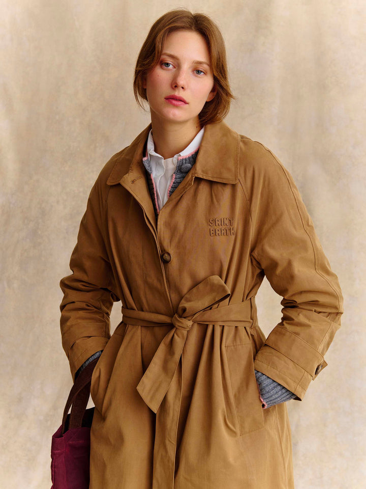 Cappotto Lior beige cerato in misto cotone con fodera tartan