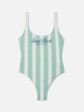 Costume intero Lora a righe verde salvia e panna con stampa Beach Club