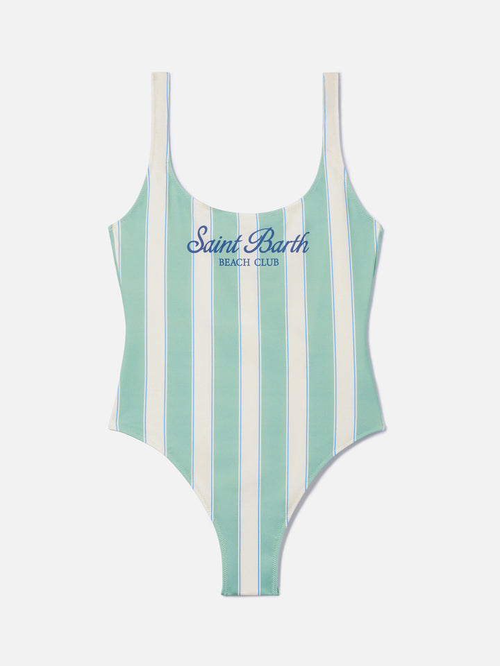 Lora one-piece swimsuit in sage green and cream striped design with Beach Club print