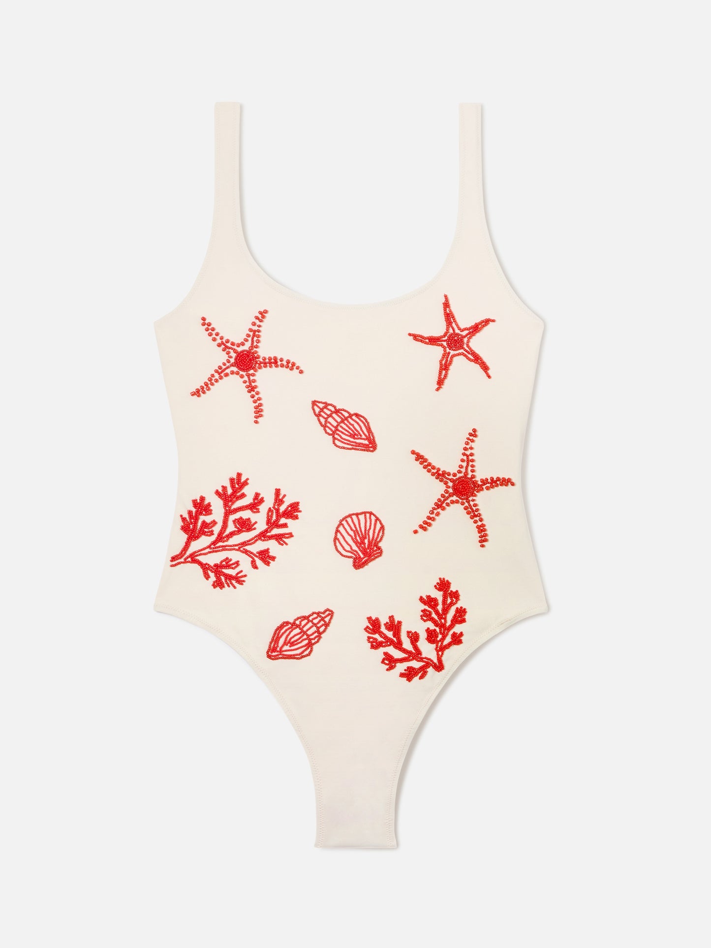 Lora one-piece swimsuit in cream with beaded sea-themed decorations