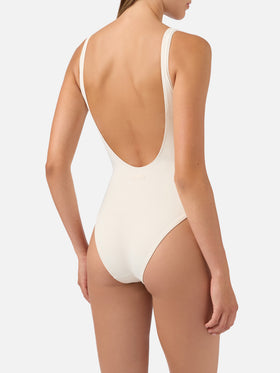 Lora one-piece swimsuit in cream with beaded sea-themed decorations