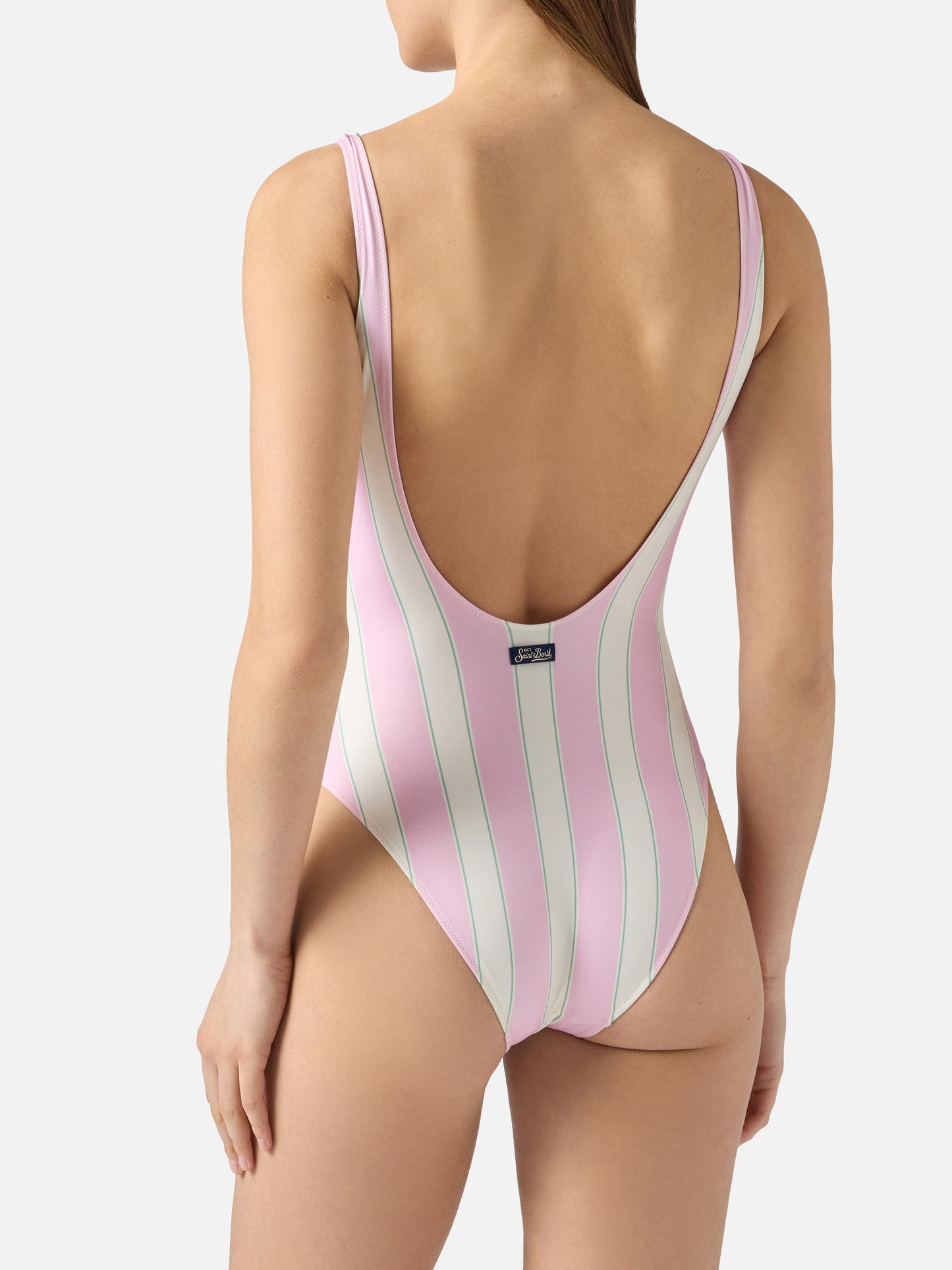 Lora one-piece swimsuit in pink and cream striped design with Beach Club print